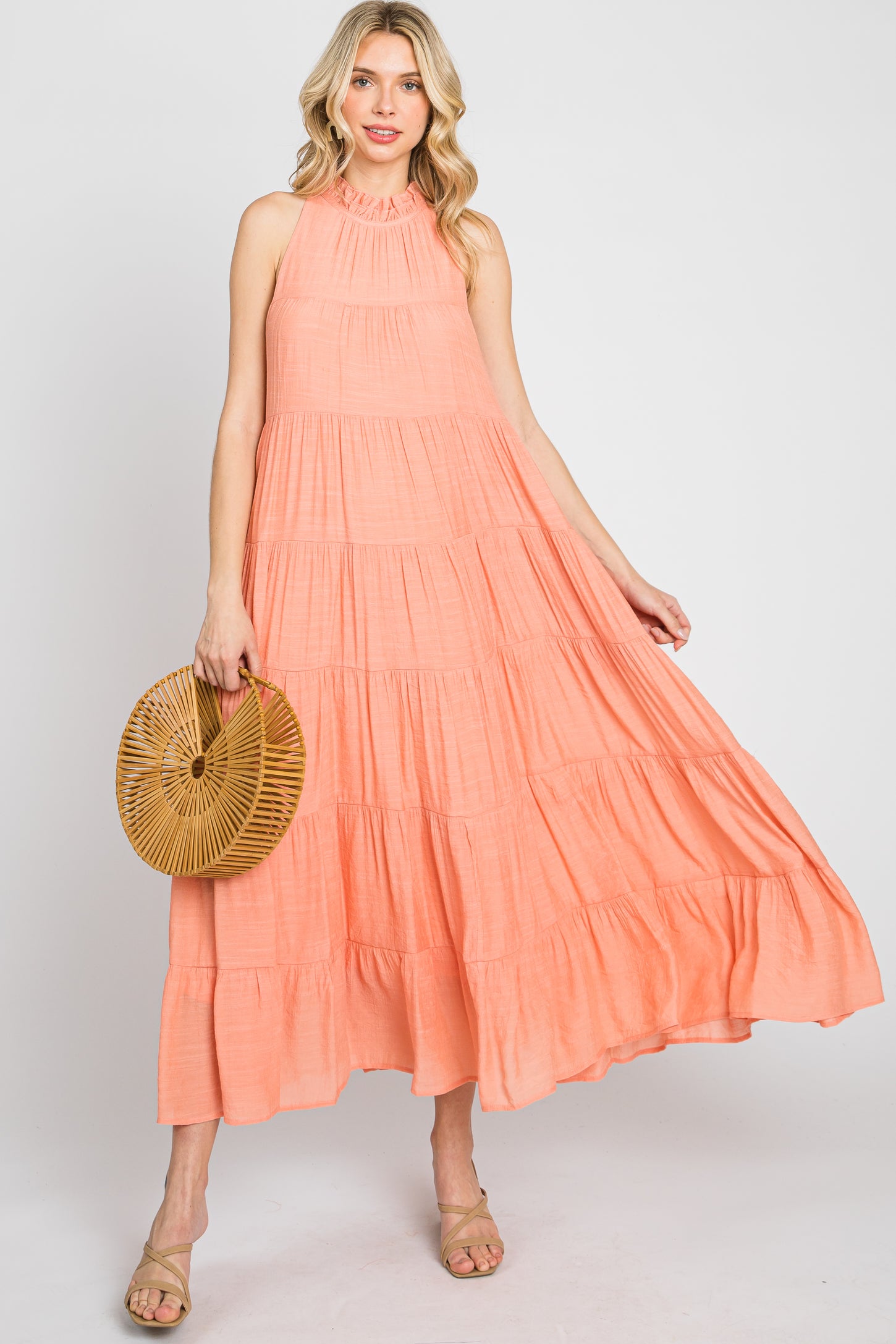 Peach Tiered High Neck Maxi Dress
