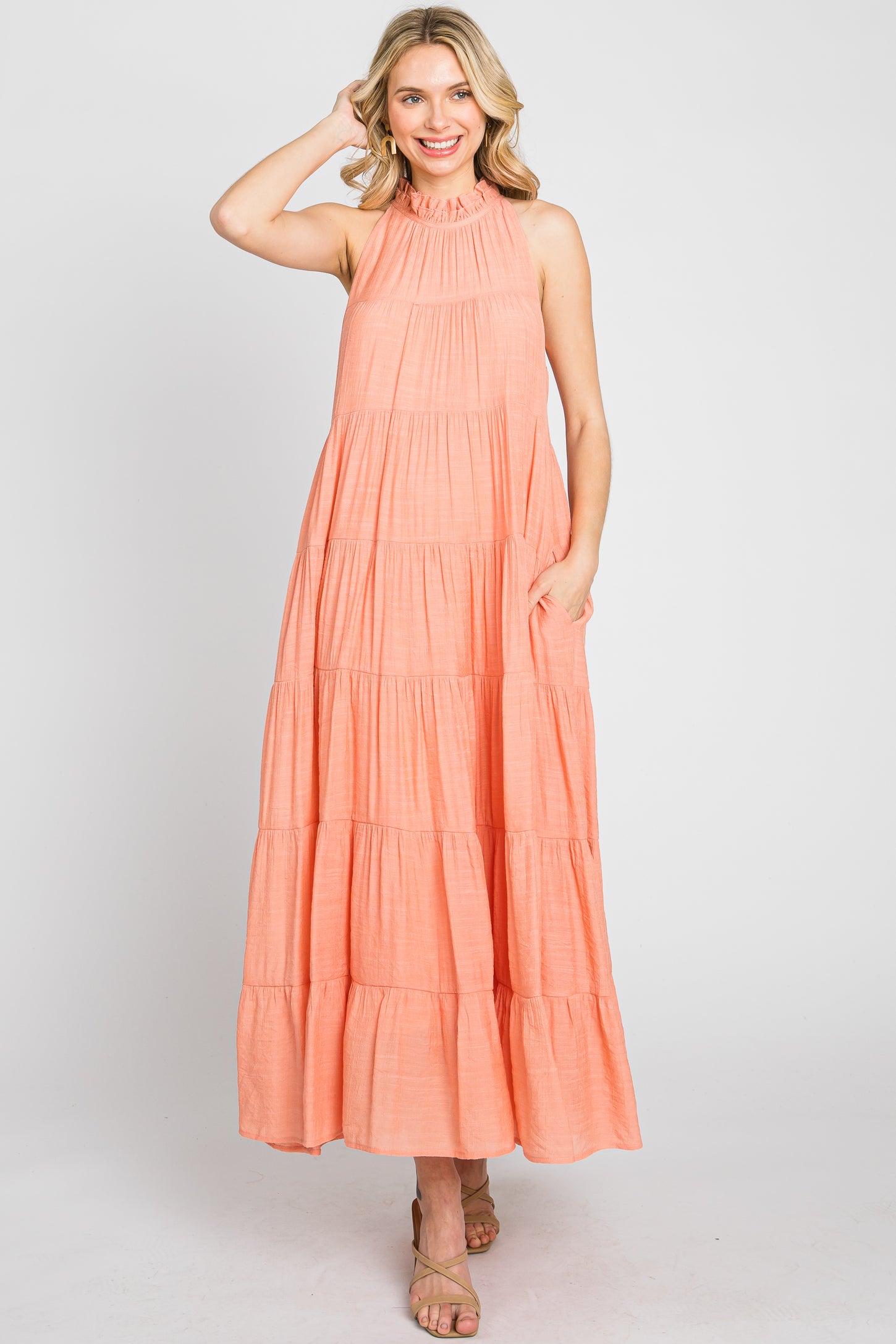 Peach Tiered High Neck Maxi Dress