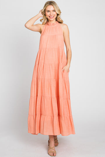 Peach Tiered High Neck Maxi Dress