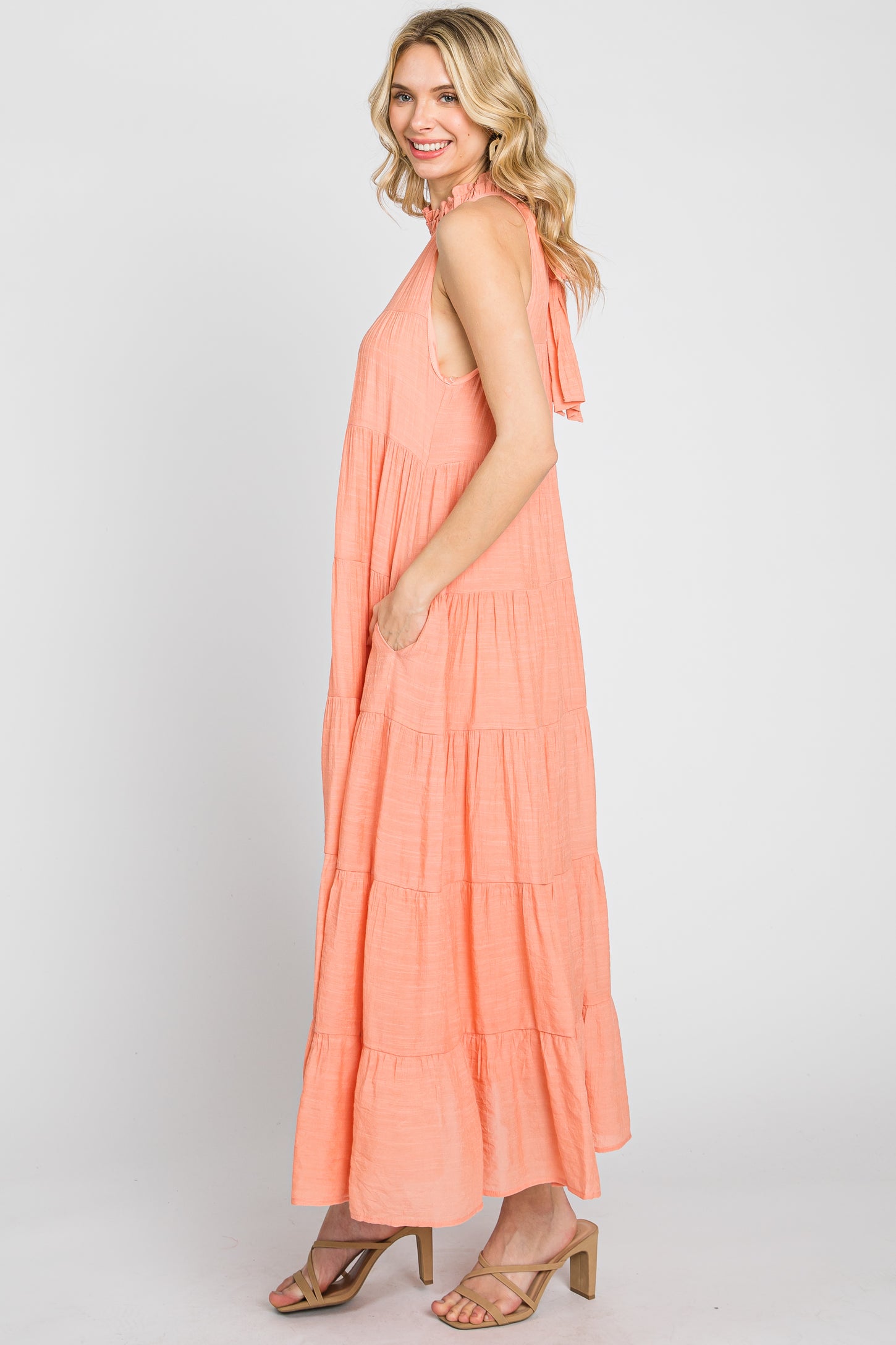 Peach Tiered High Neck Maxi Dress