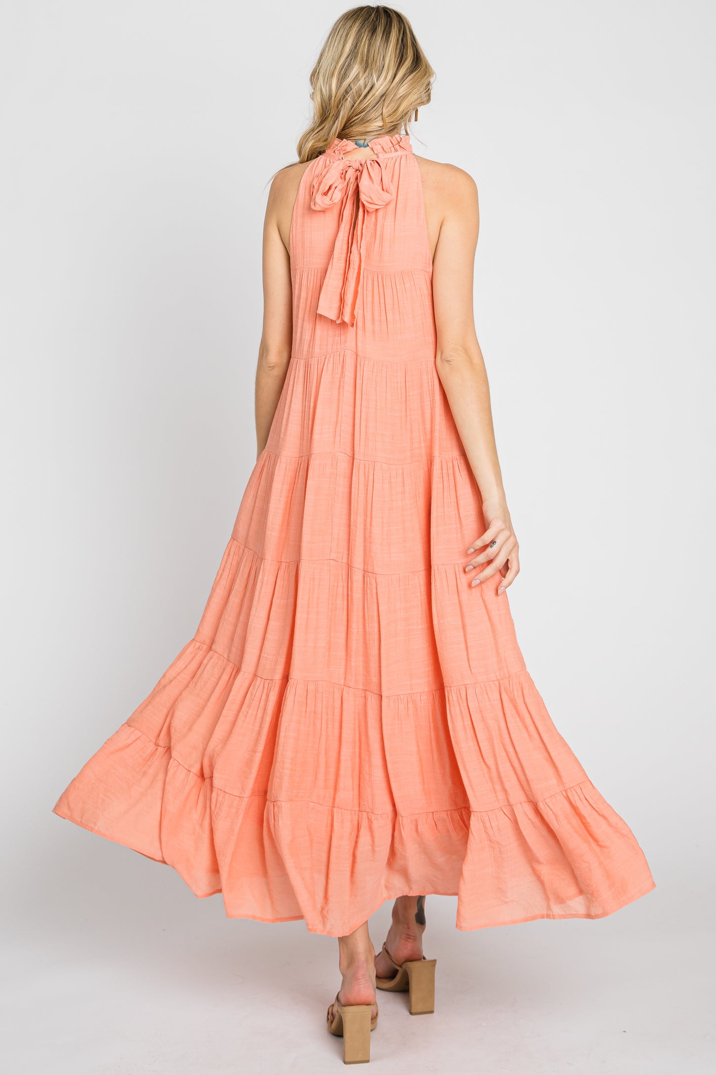 Peach Tiered High Neck Maxi Dress