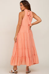 Peach Tiered High Neck Maternity Maxi Dress