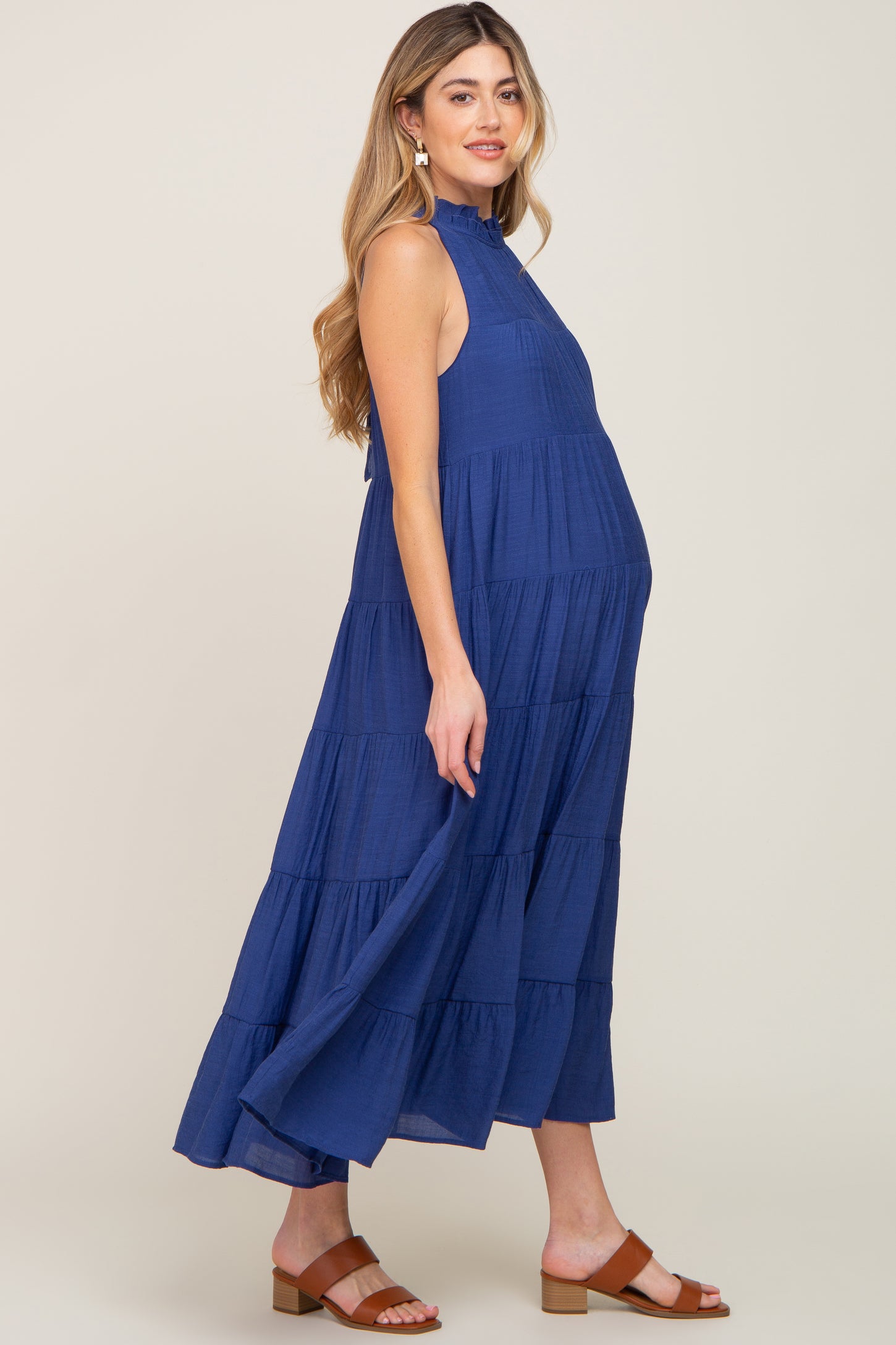 Navy Tiered High Neck Maternity Maxi Dress