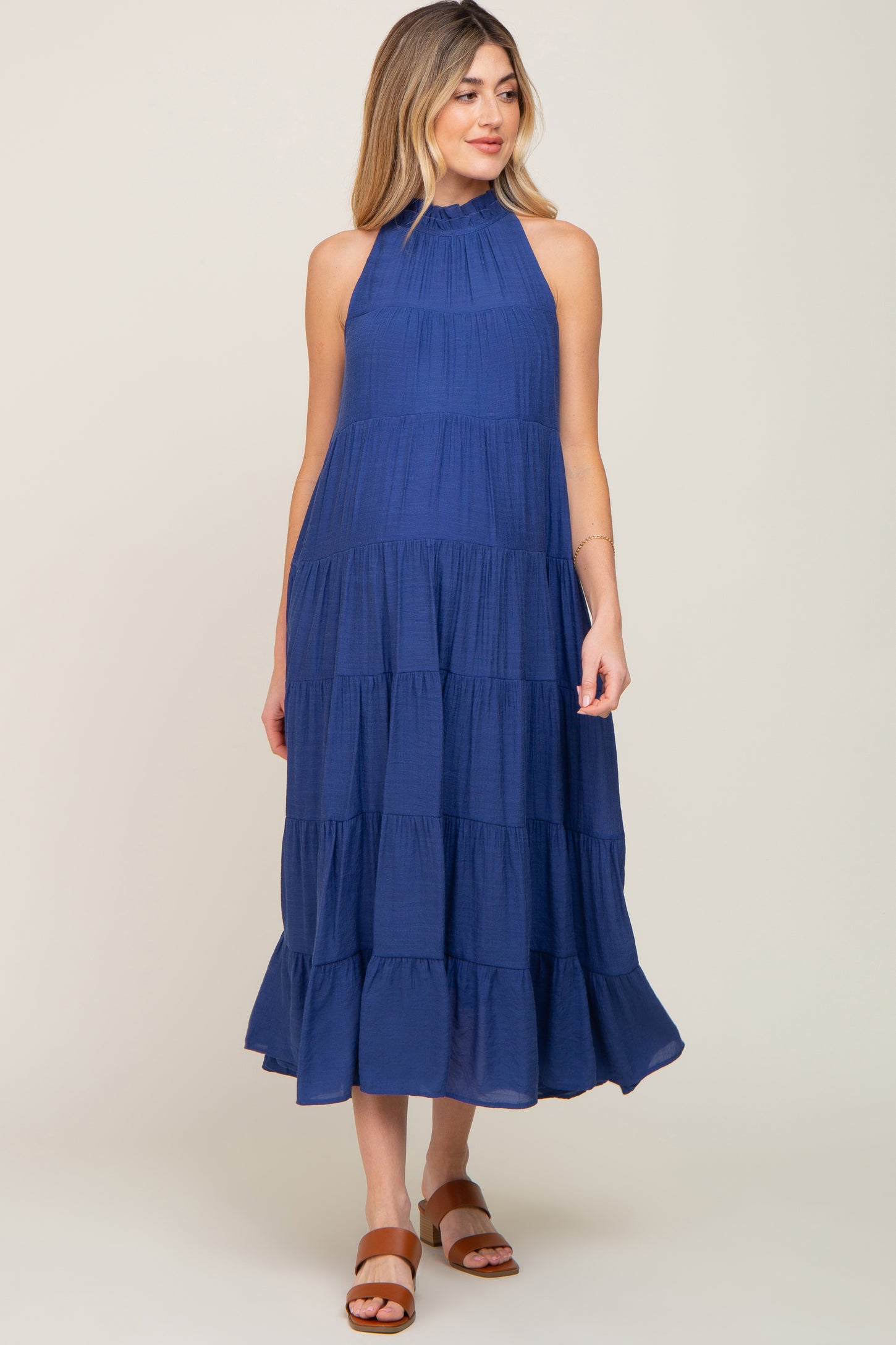 Navy Tiered High Neck Maternity Maxi Dress