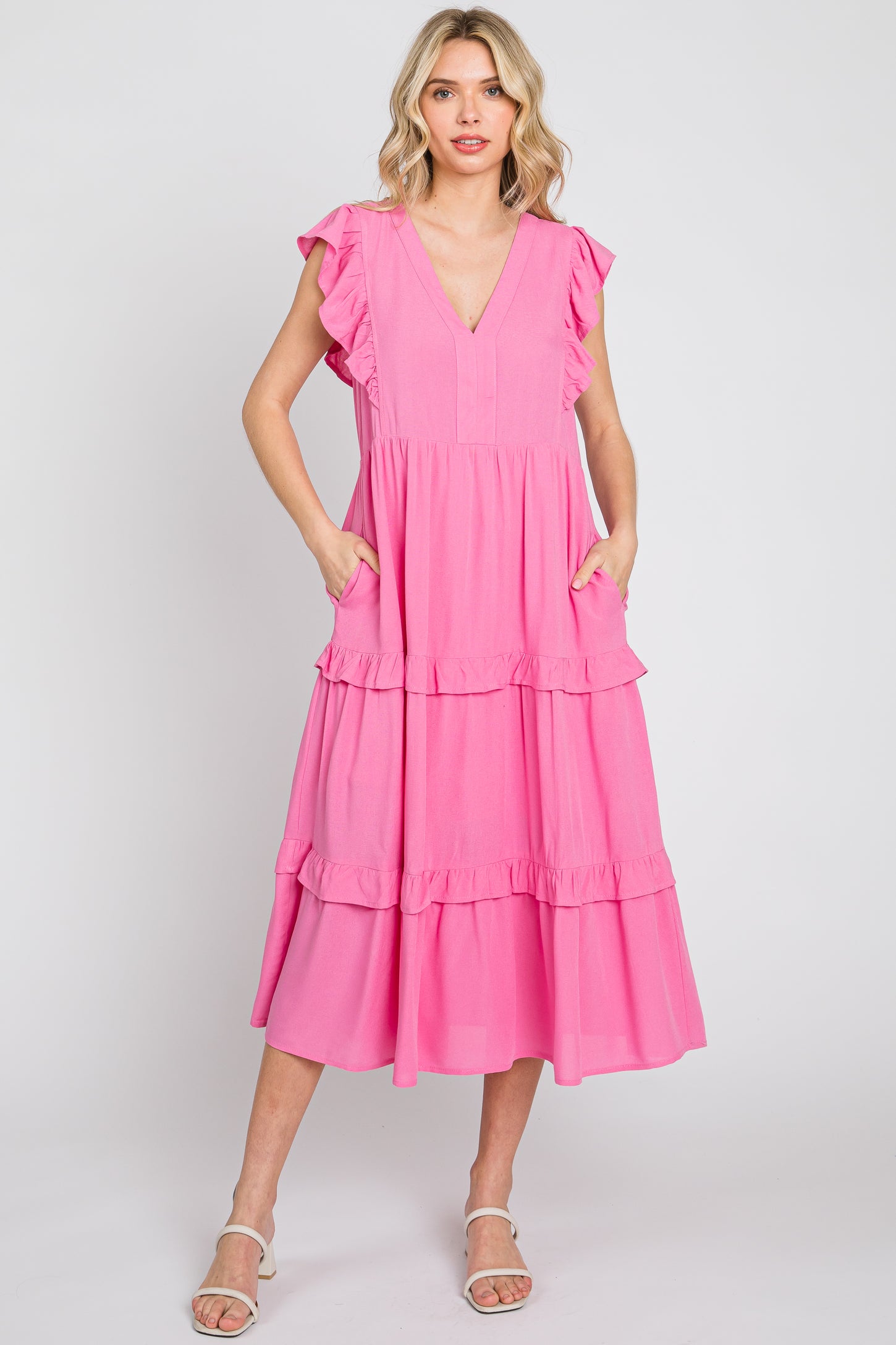 Pink Ruffle Accent Tiered Maternity Midi Dress
