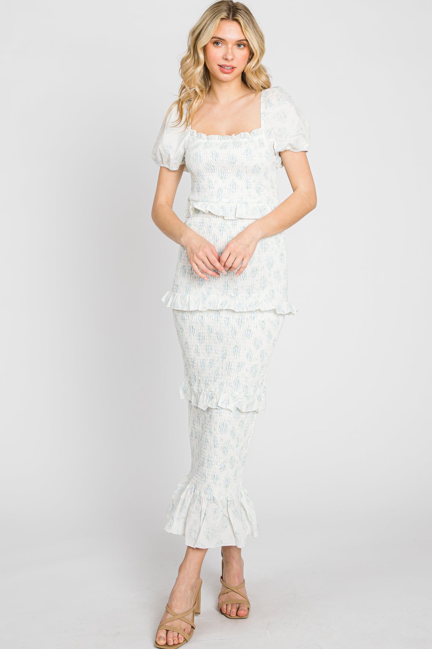 Light Blue Floral Square Neck Smocked Maxi Dress