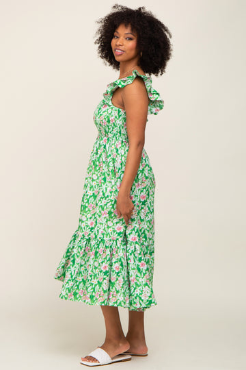 Green Floral Smocked Frill Sleeve Midi Dress