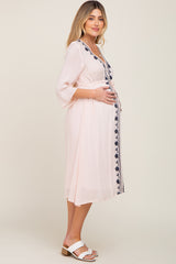 Light Pink Floral Embroidered 3/4 Sleeve Maternity Midi Dress