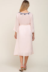 Light Pink Floral Embroidered 3/4 Sleeve Maternity Midi Dress