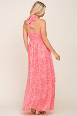 Coral Floral Halter Neck Maxi Dress