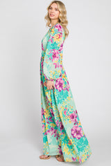 Turquoise Floral Side Cutout Maxi Dress