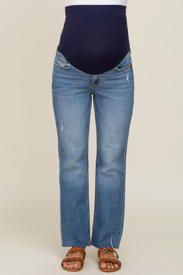 Blue Raw Hem Maternity Cropped Bootcut Maternity Jeans