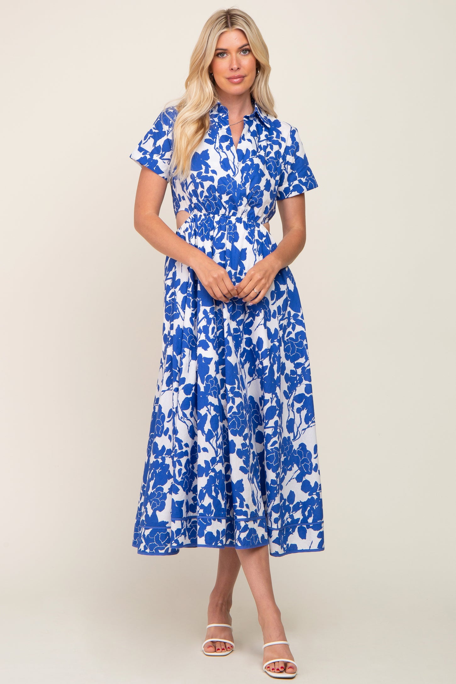 Royal Blue Floral Collared Short Sleeve Side Cutout Midi Dress