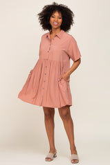 Mauve Buttondown Short Sleeve Maternity Dress