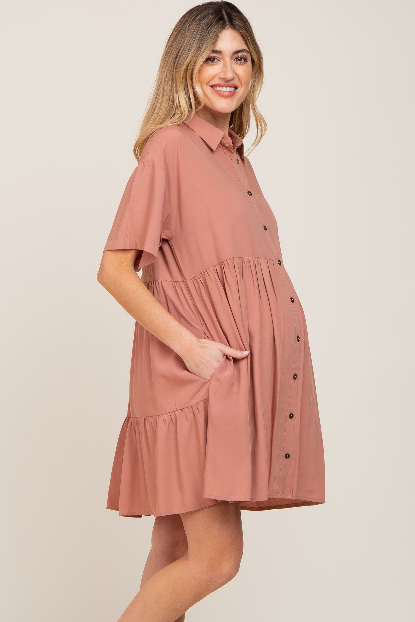 Mauve Buttondown Short Sleeve Maternity Dress