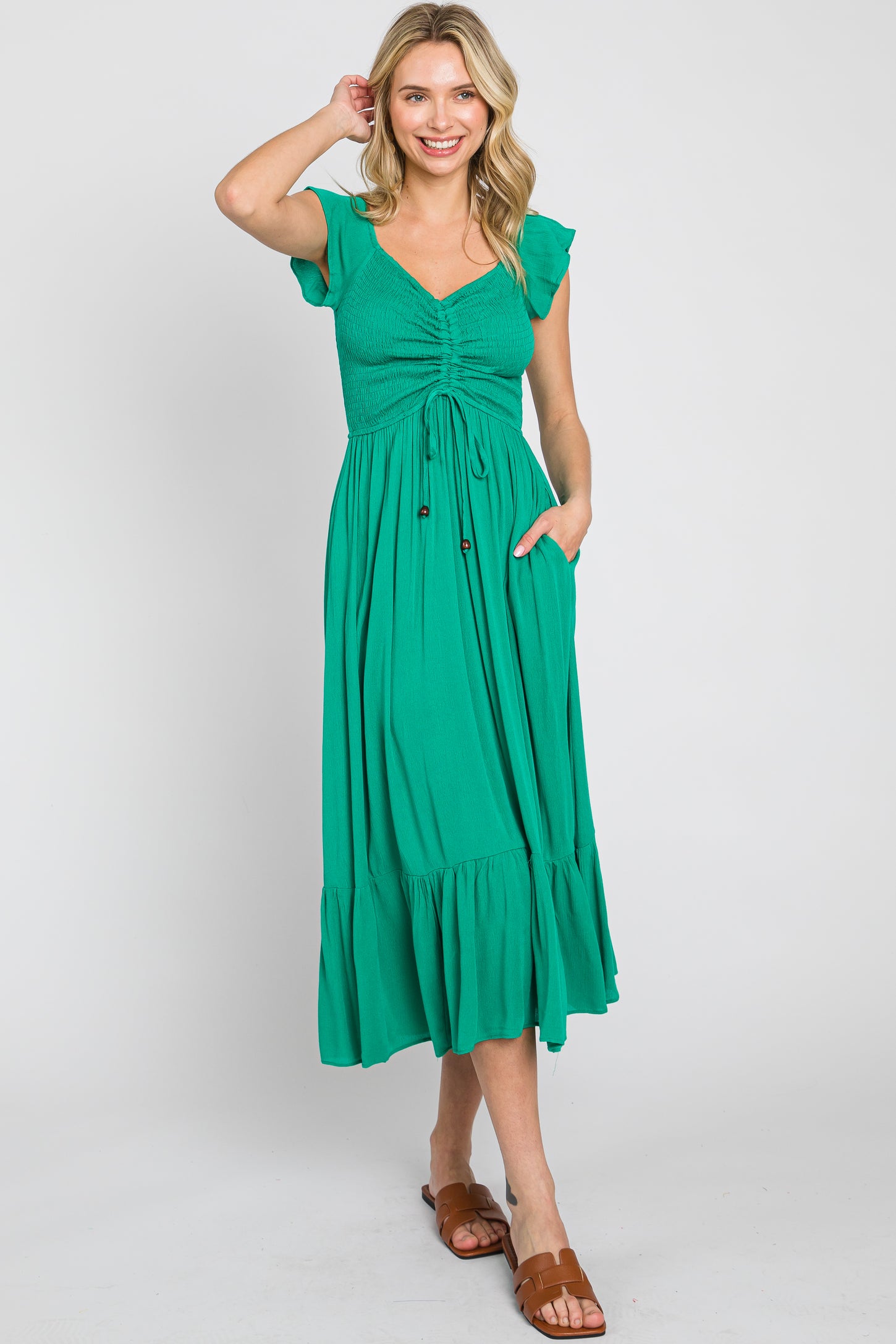 Green Smocked Ruched Ruffle Hem Maxi Dress