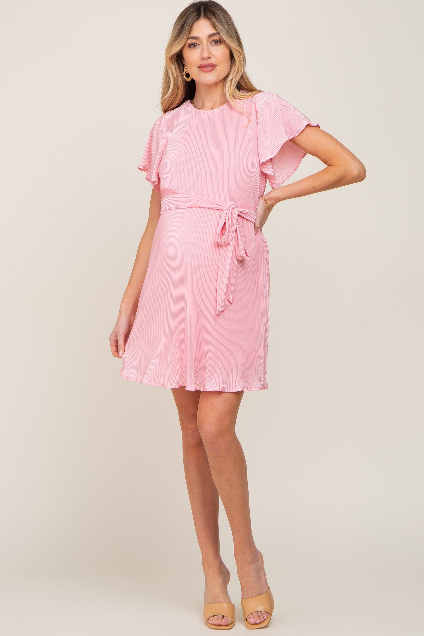 Pink Pleated Front Tie Maternity Dress