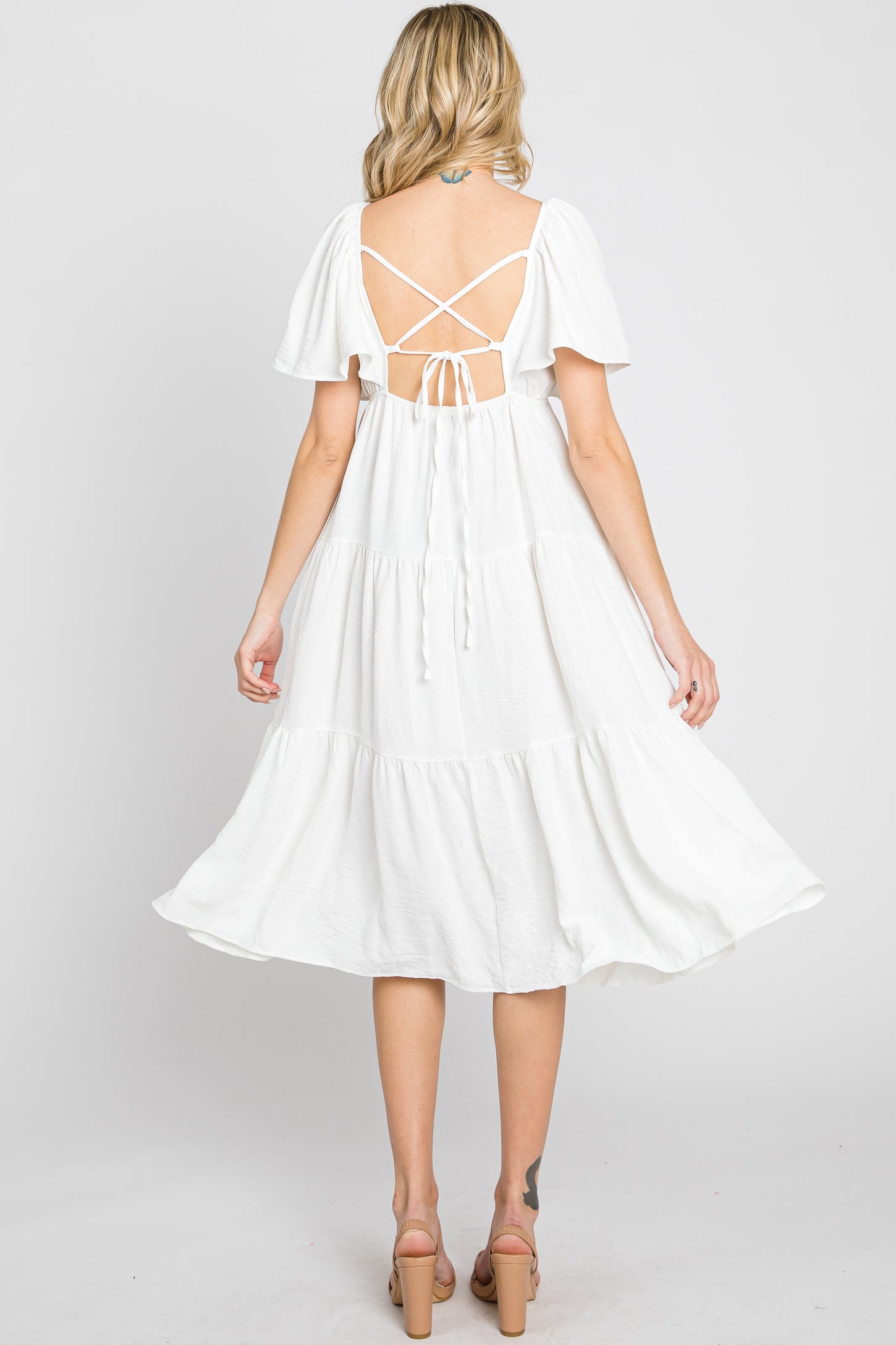 White Tiered Criss Cross Back Midi Dress