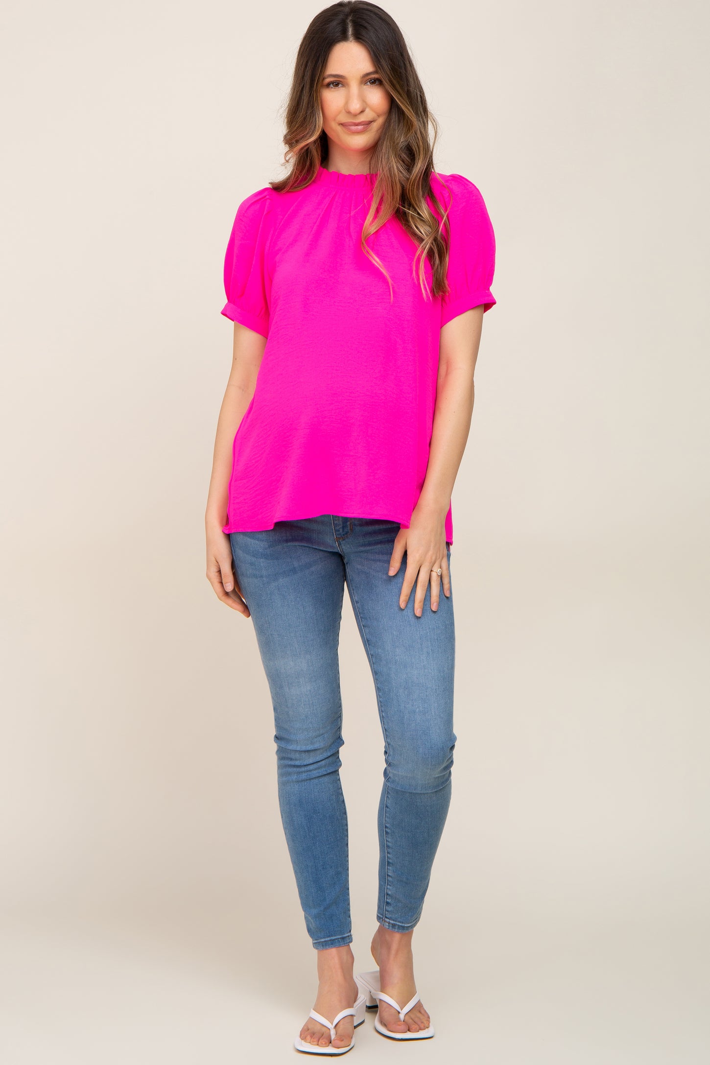 Fuchsia Ruffle Mock Neck Maternity Blouse Top