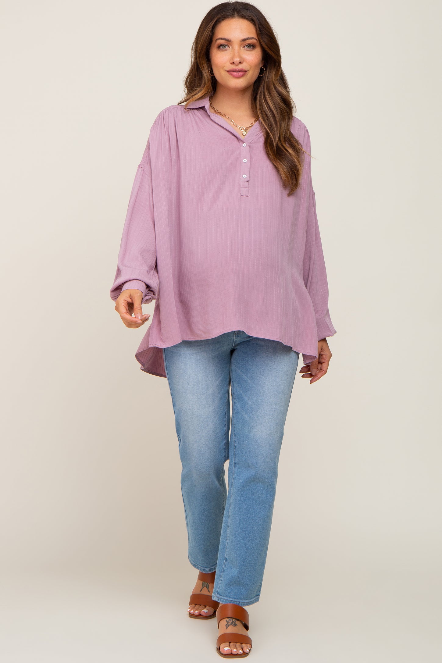 Mauve Lightweight Striped Textured Collared Maternity Top