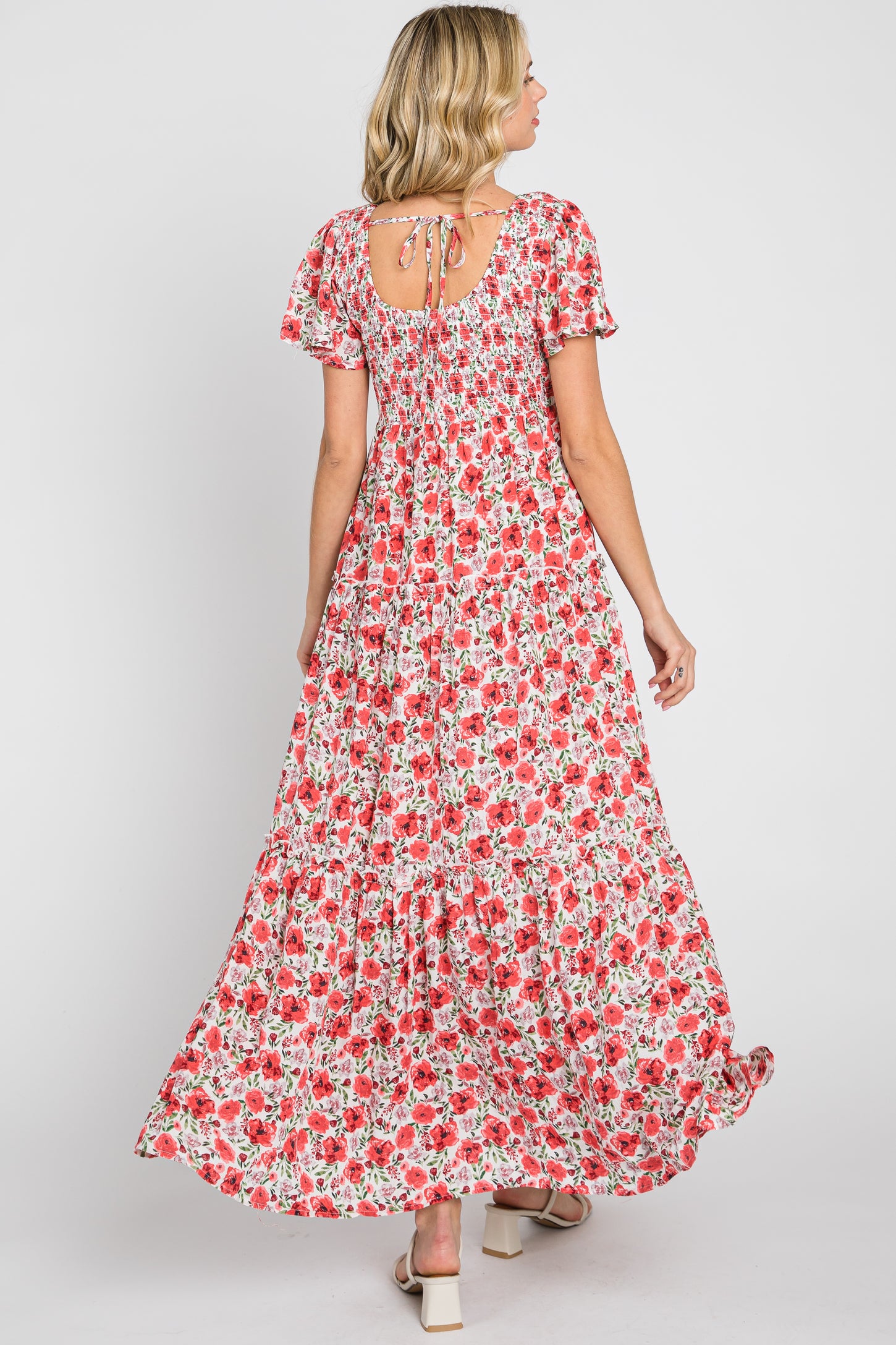 Pink Floral Smocked Scoop Back Ruffle Hem Maxi Dress