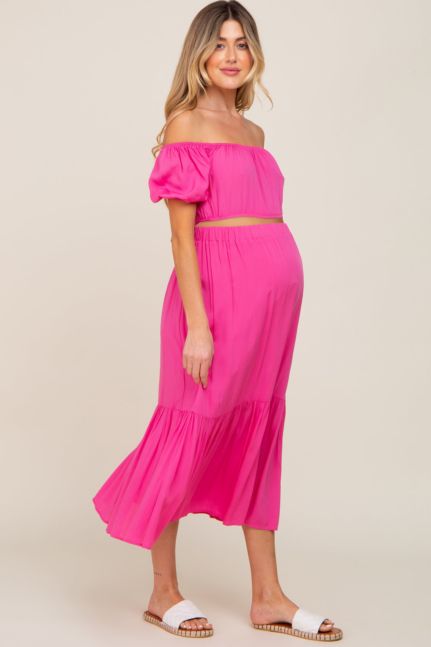 Fuchsia Crop Top and Skirt Two Piece Maternity Set