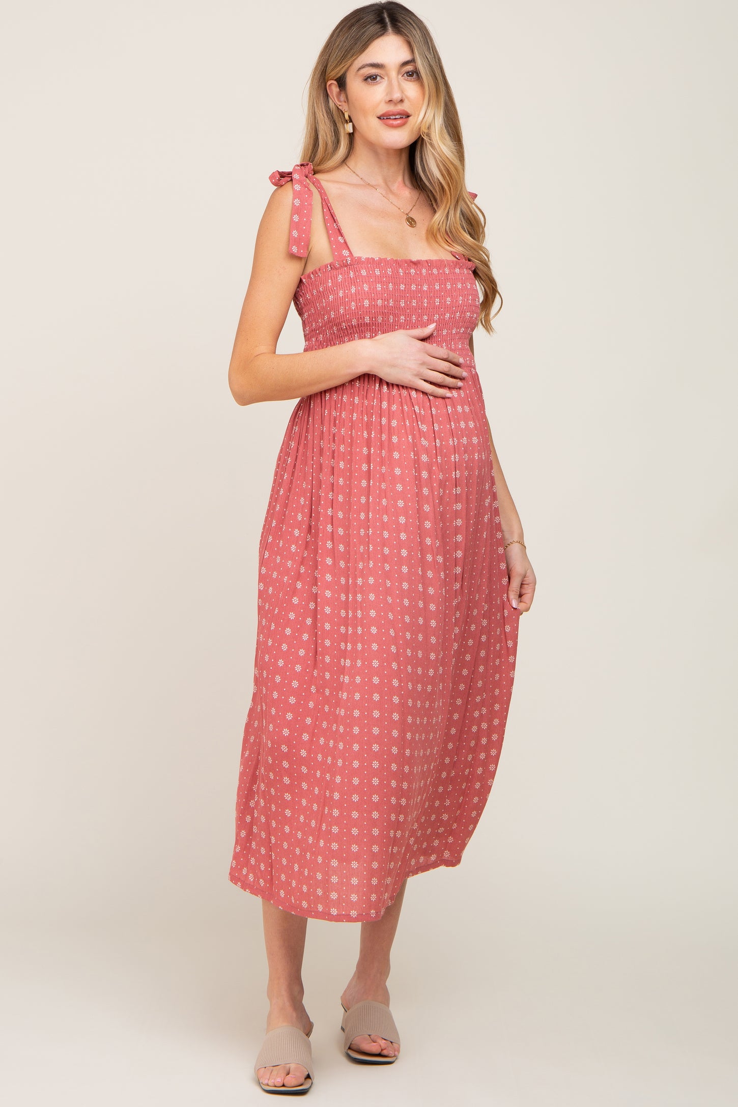 Mauve Floral Sleeveless Maternity Midi Dress