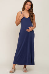 Navy Blue Sleeveless V-Neck Maternity Maxi Dress