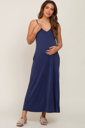 Navy Blue Sleeveless V-Neck Maternity Maxi Dress