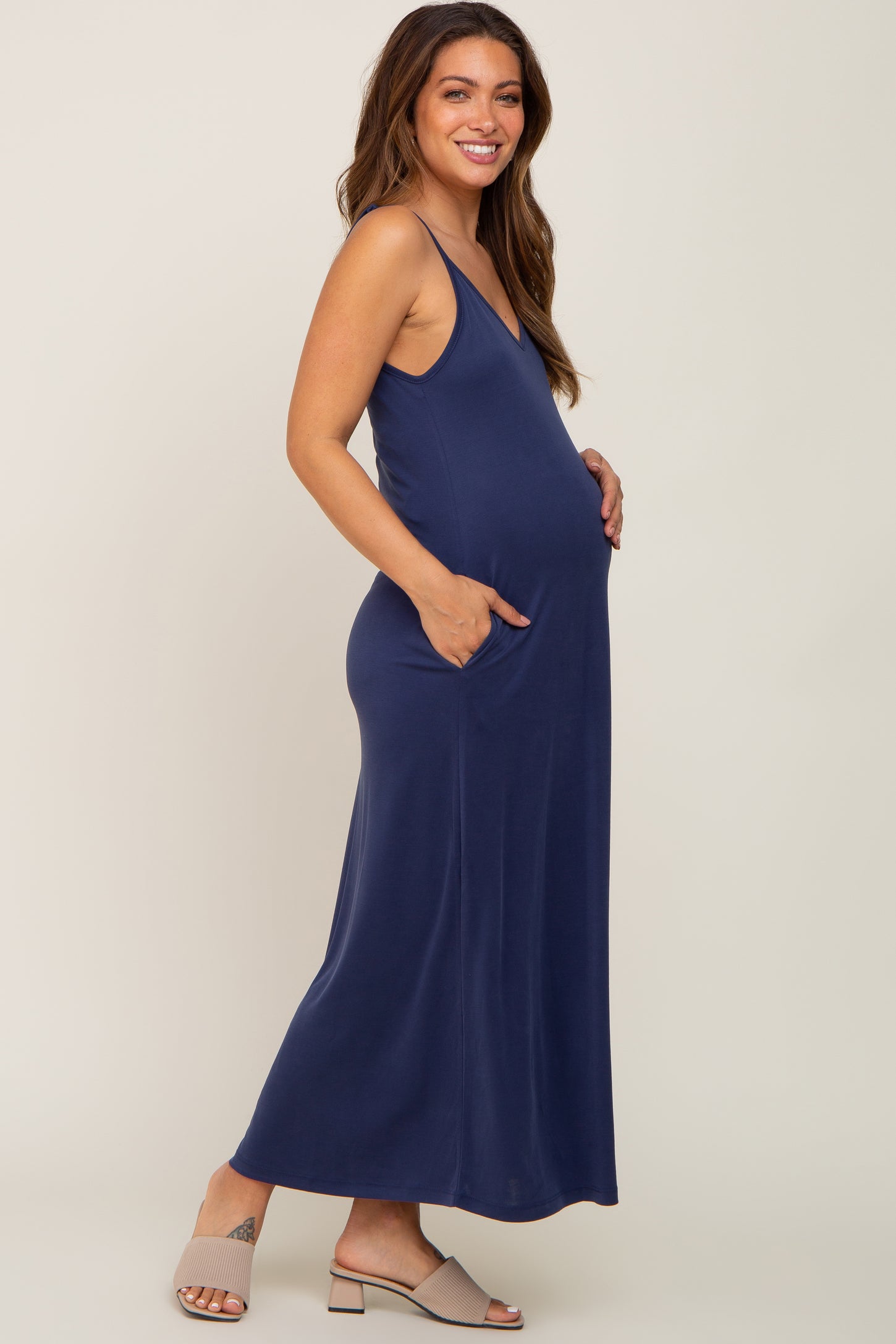 Navy Blue Sleeveless V-Neck Maternity Maxi Dress
