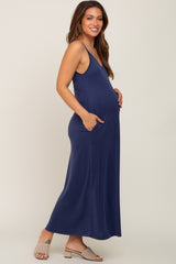 Navy Blue Sleeveless V-Neck Maternity Maxi Dress