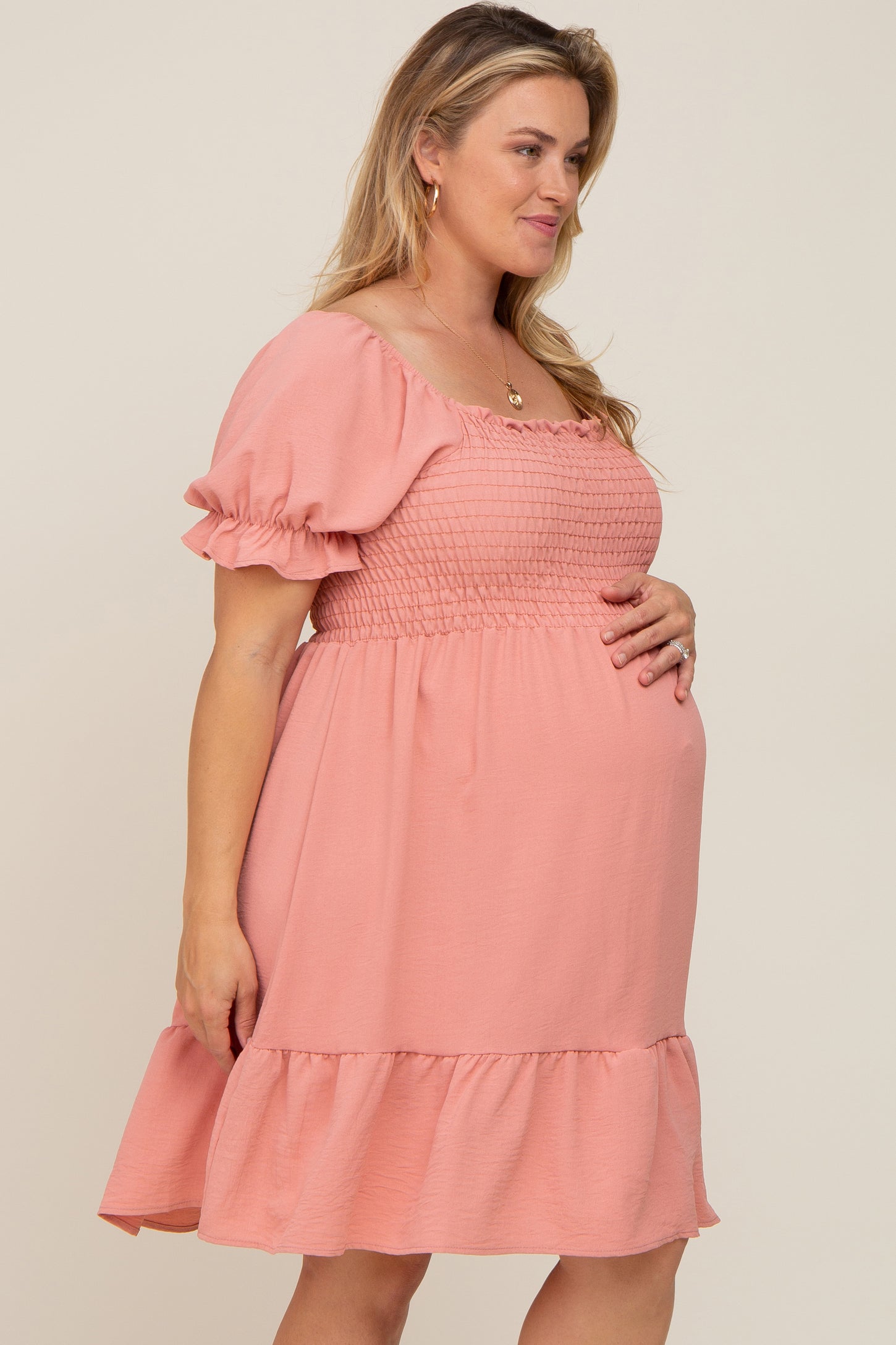 Coral Smocked Ruffle Trim Plus Maternity Dress
