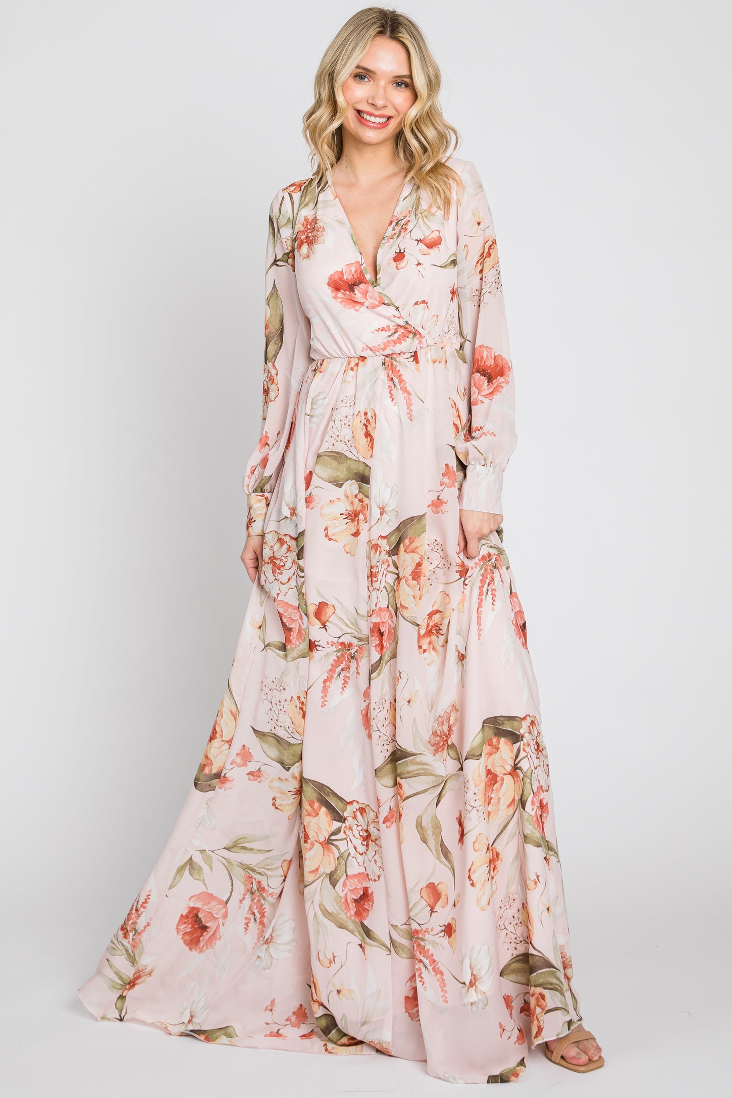 Light Pink Floral Chiffon Long Sleeve Maxi Dress PinkBlush Light Pink Floral Chiffon Long Sleeve Maxi Dress PinkBlush