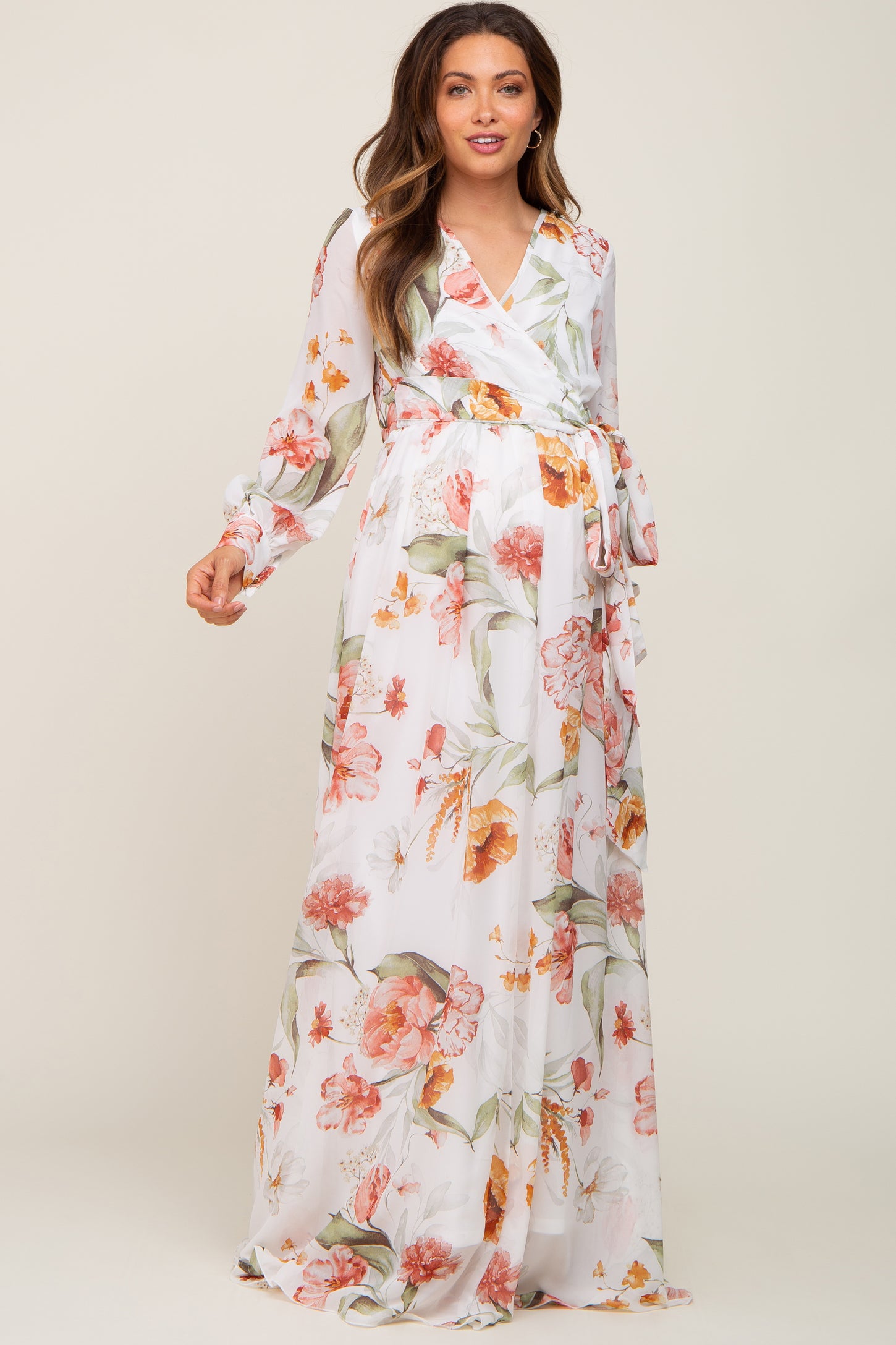Ivory Floral Chiffon Long Sleeve Maternity Maxi Dress Ivory Floral Chiffon Long Sleeve Maternity Maxi Dress