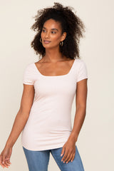 Light Pink Ribbed Squared Neck Cap Sleeve Top