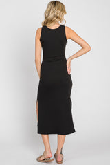Black Ribbed Side Slit Midi Dress
