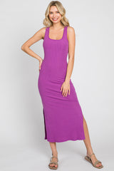Purple Ribbed Side Slit Midi Dress