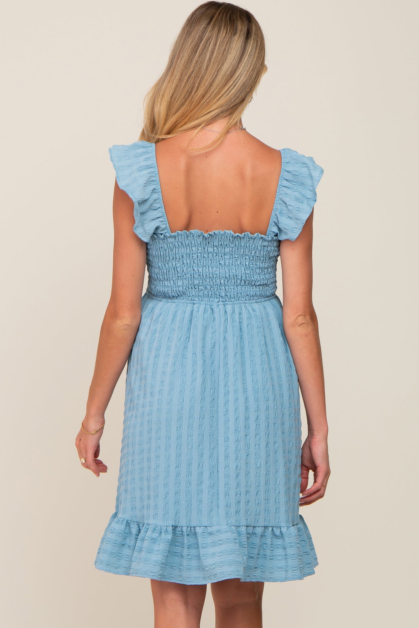 Light Blue Textured Sleeveless Smocked Maternity Dress