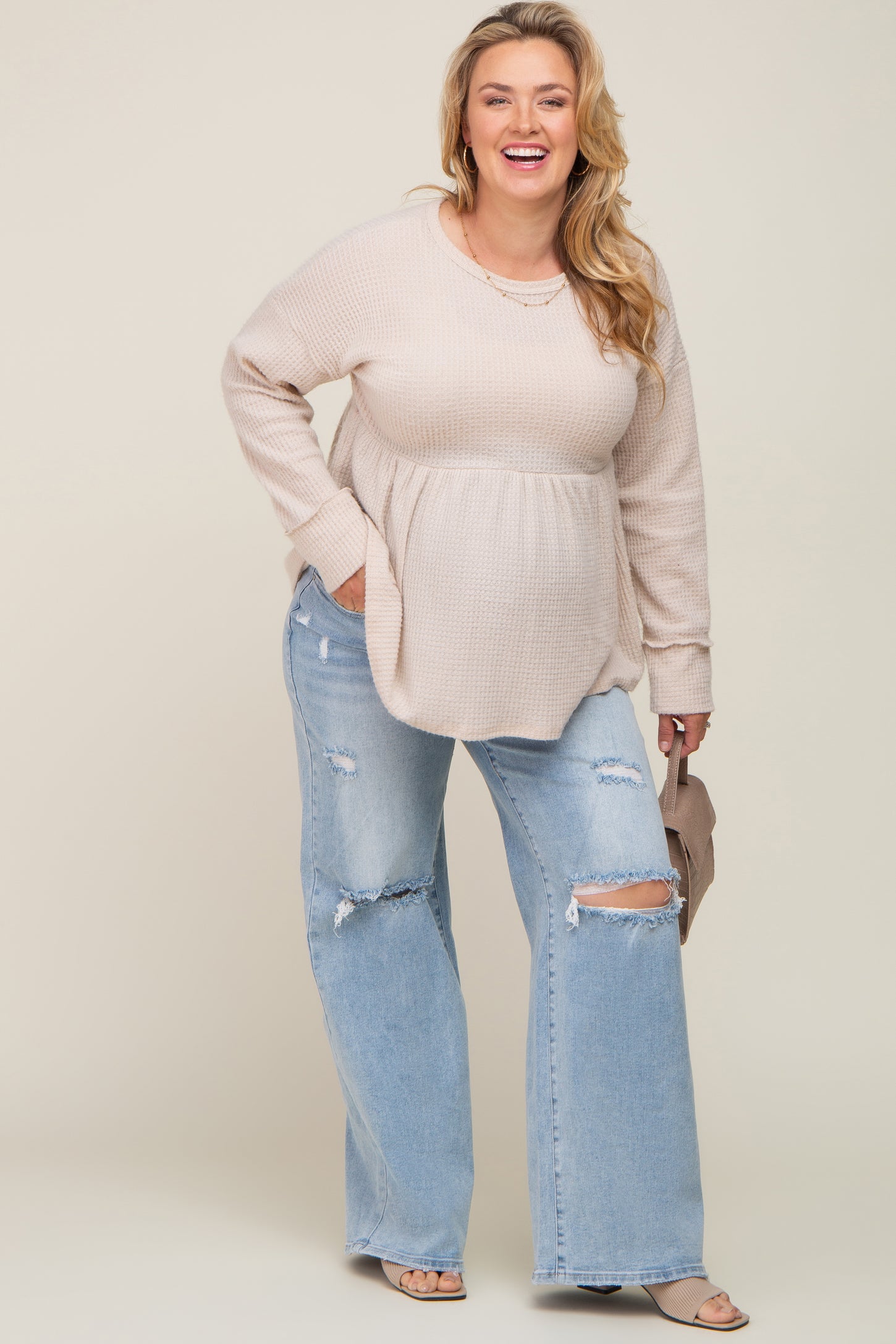 Light Blue Distressed Open Knee Wide Leg Maternity Plus Jeans