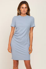 Slate Blue Ribbed Ruched Side Fitted Short Sleeve Maternity Dress