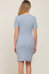 Slate Blue Ribbed Ruched Side Fitted Short Sleeve Maternity Dress