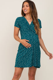 Teal Wrap Front V-Neck Short Sleeve Maternity Dress