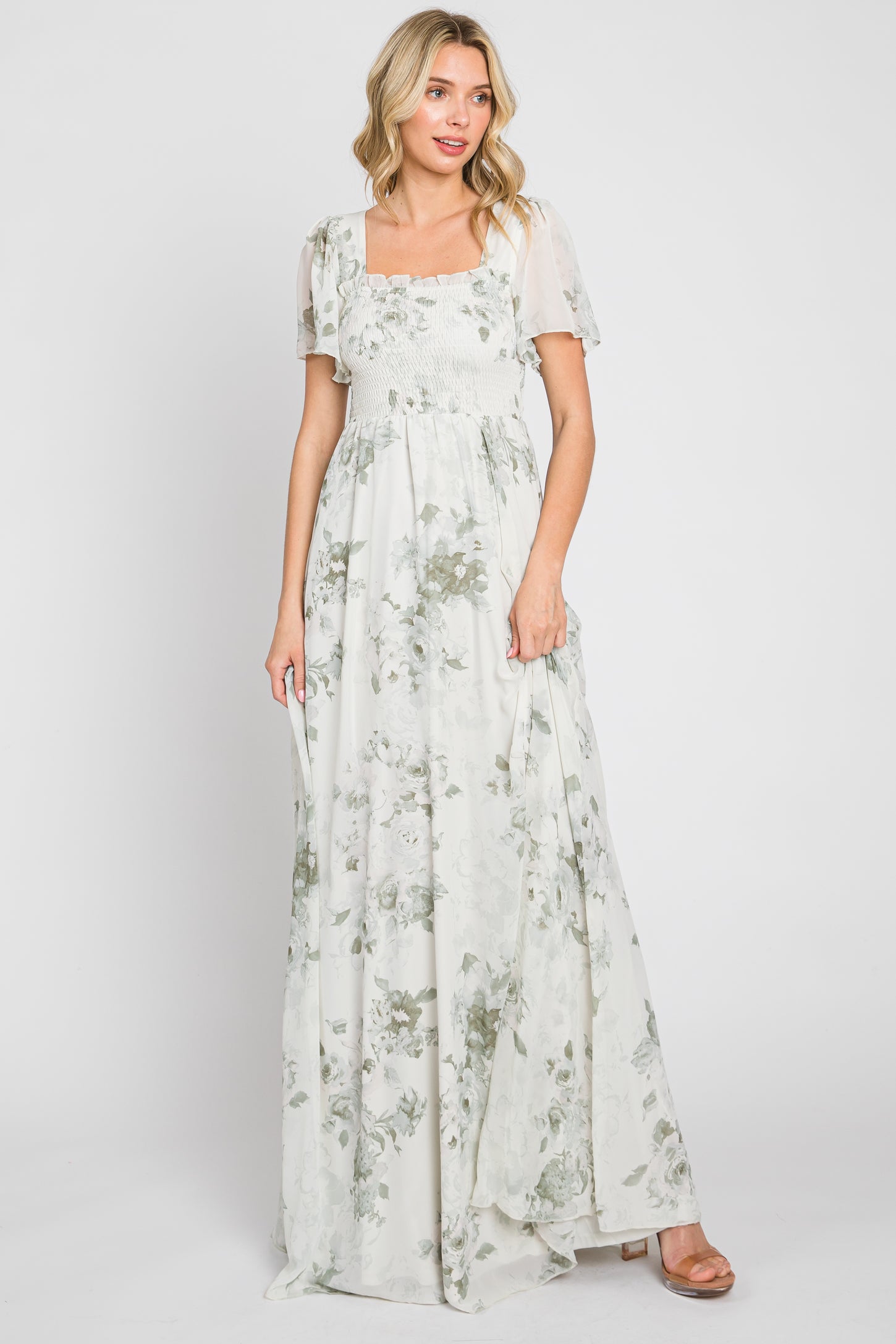 Mint Green Floral Chiffon Square Neck Smocked Maternity Maxi Dress