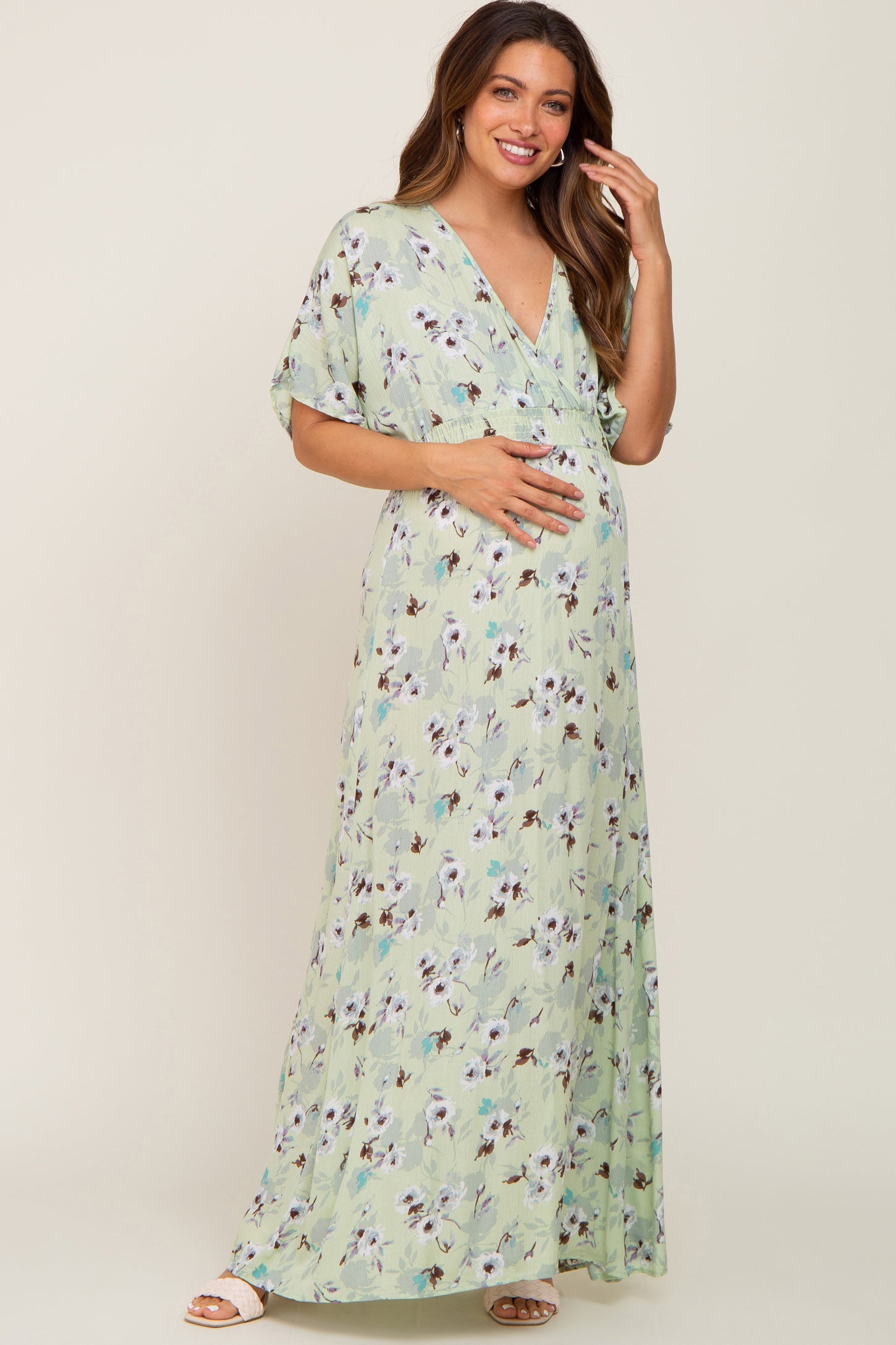 Lime Floral Wrap V-Neck Smocked Waist Maternity Maxi Dress