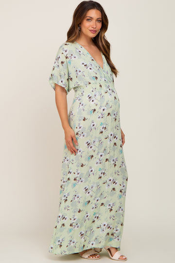 Lime Floral Wrap V-Neck Smocked Waist Maternity Maxi Dress