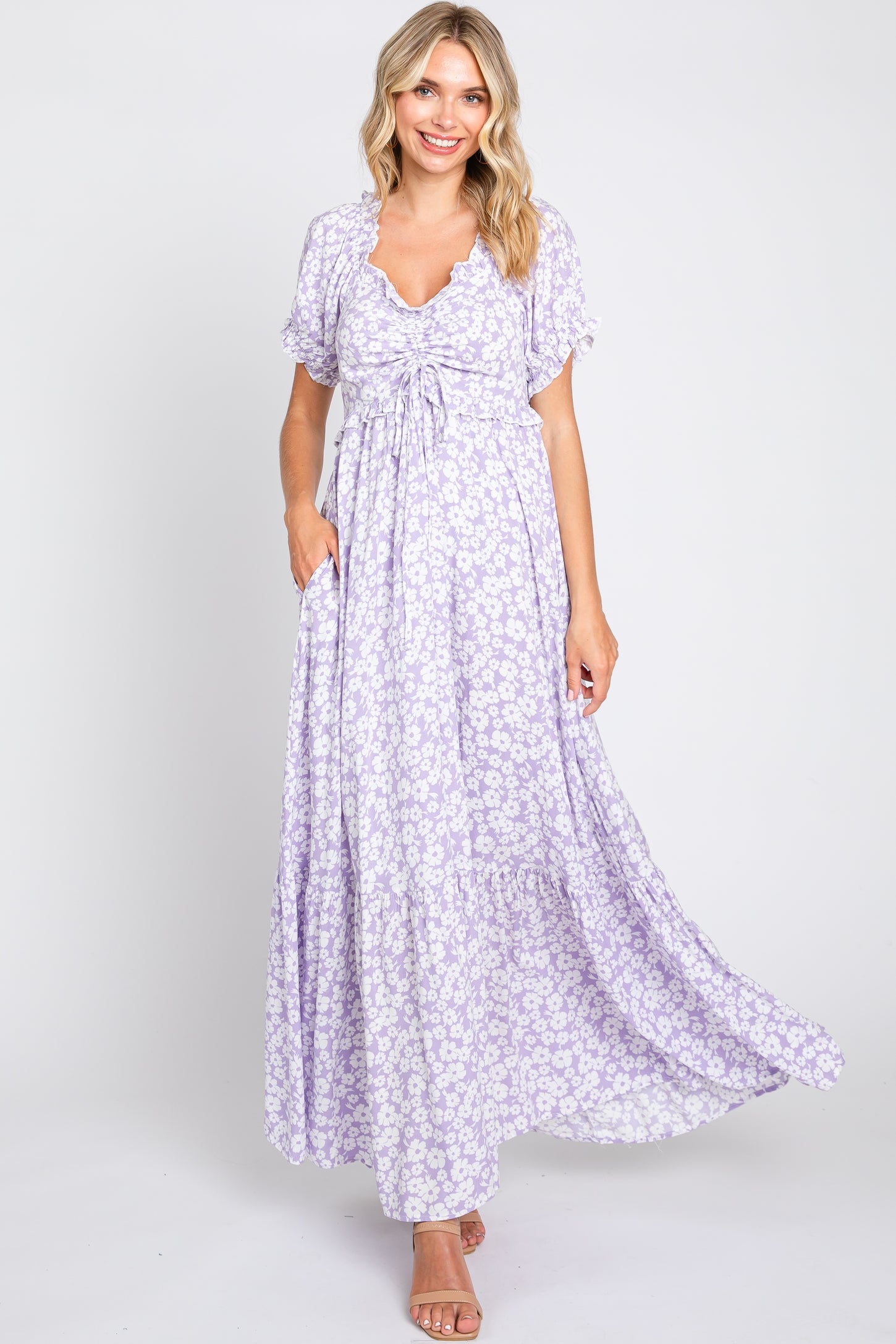 Lavender Floral Cinched Bust Maternity Maxi Dress