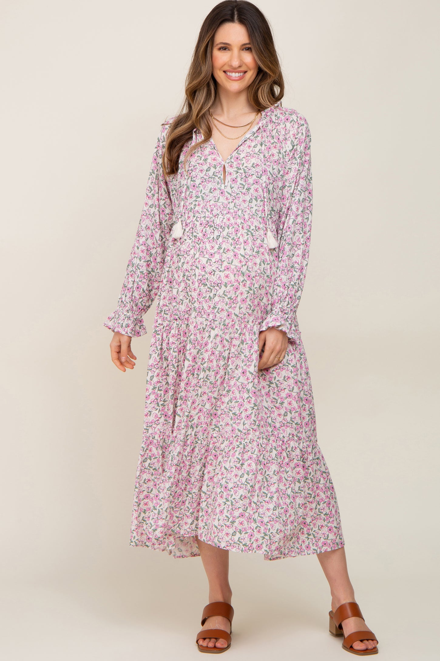 Pink Floral Front Tie Long Sleeve Tiered Maternity Midi Dress