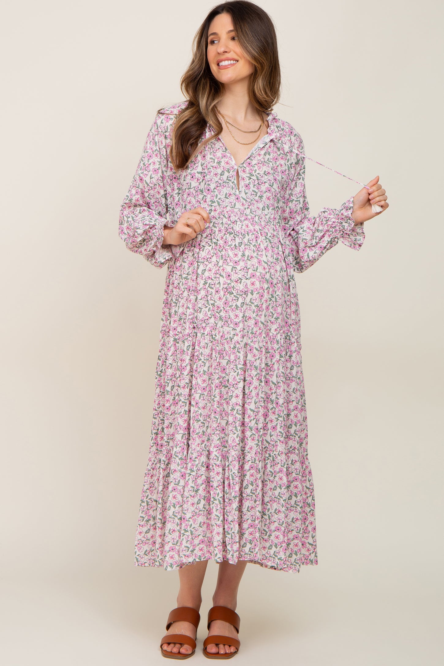 Pink Floral Front Tie Long Sleeve Tiered Maternity Midi Dress