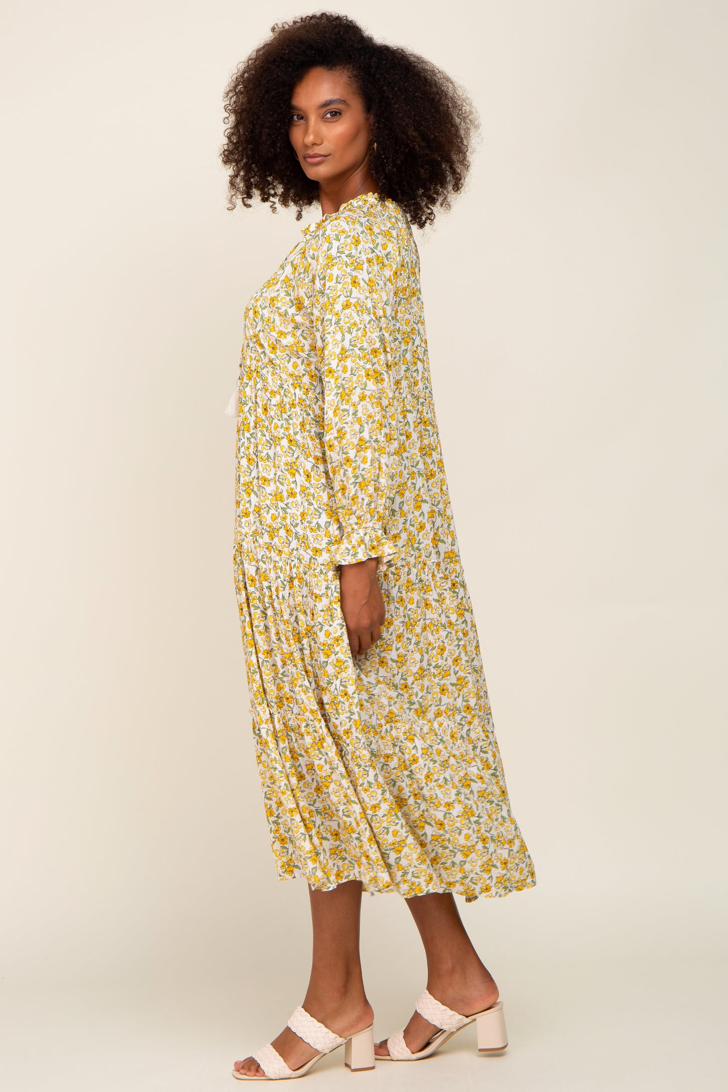 Yellow Floral Front Tie Long Sleeve Tiered Midi Dress Yellow Floral Front Tie Long Sleeve Tiered Midi Dress