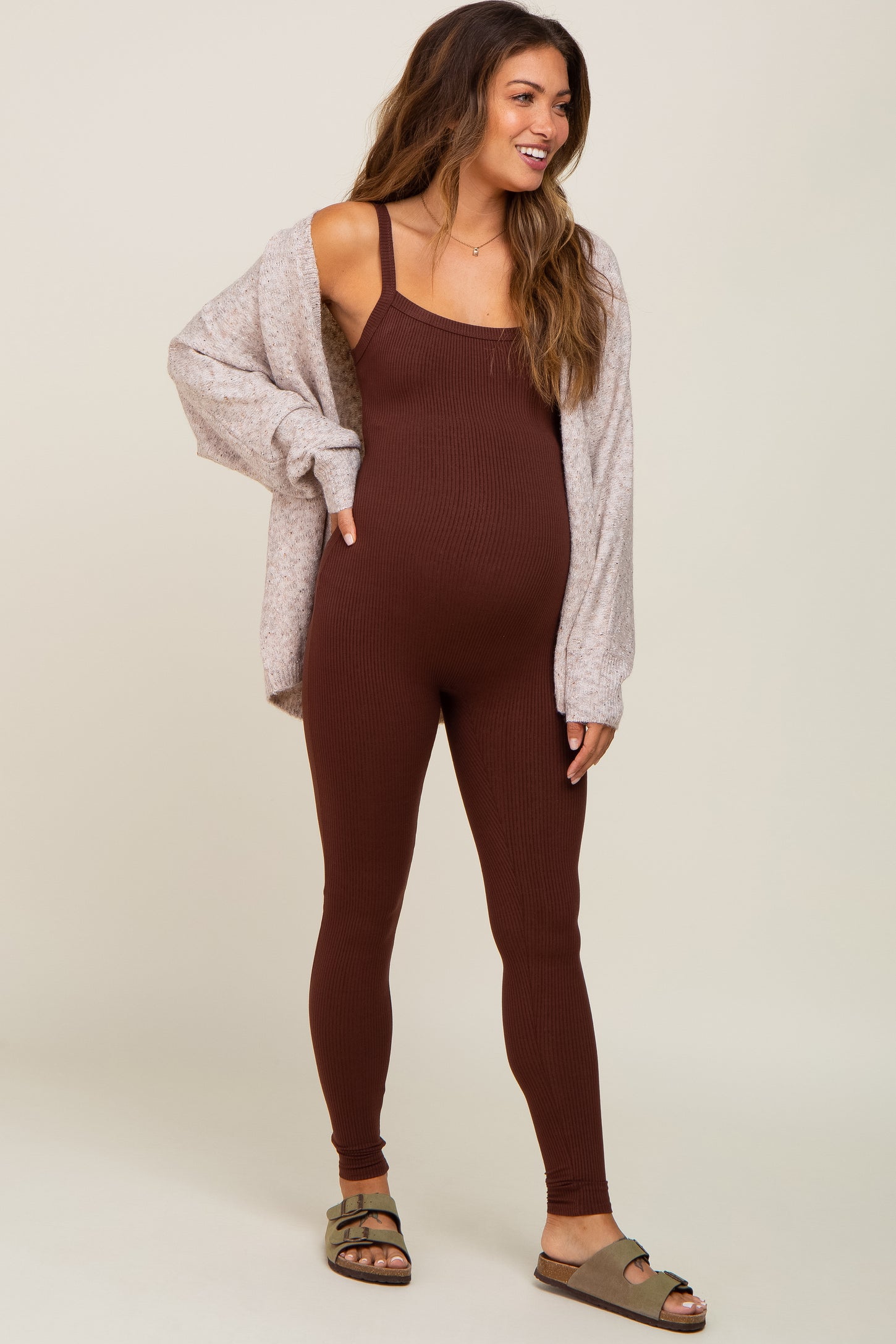 Brown Ribbed Sleeveless Maternity Jumpsuit
